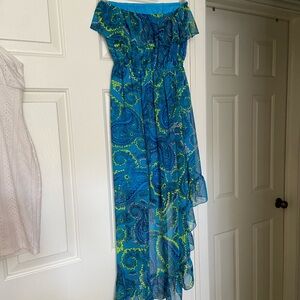 Blue and Green Paisley Off-Shoulder Dress beach vibes